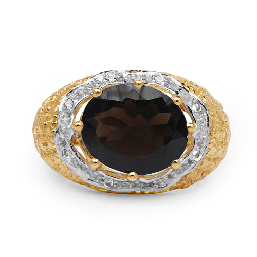 14K Yellow Gold Plated 4.73 Carat Genuine Smoky Quartz &amp; White Topaz .925 Sterling Silver Ring  DestGlow