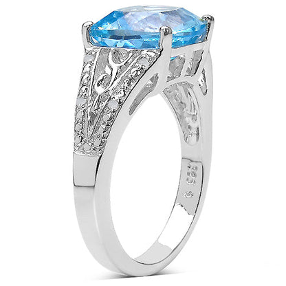 5.05 Carat Genuine Blue Topaz and 0.05 ct.t.w Genuine Diamond Accents Sterling Silver Ring by Bids.com