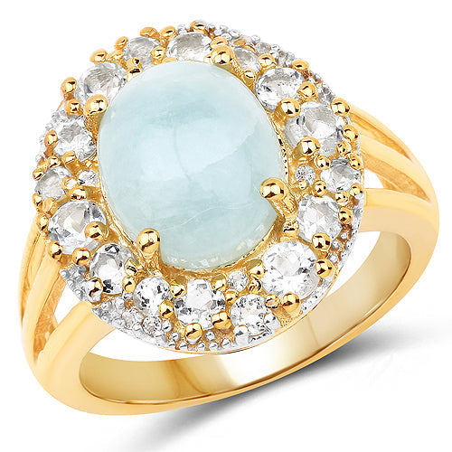 14K Yellow Gold Plated 6.72 Carat Genuine Aquamarine and White Topaz .925 Sterling Silver Ring by Bids.com