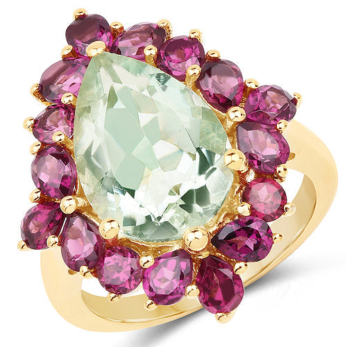 14K Yellow Gold Plated 7.21 Carat Genuine Green Amethyst and Rhodolite .925 Sterling Silver Ring by Bids.com