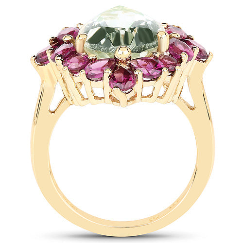14K Yellow Gold Plated 7.21 Carat Genuine Green Amethyst and Rhodolite .925 Sterling Silver Ring by Bids.com