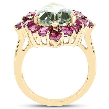 14K Yellow Gold Plated 7.21 Carat Genuine Green Amethyst and Rhodolite .925 Sterling Silver Ring by Bids.com