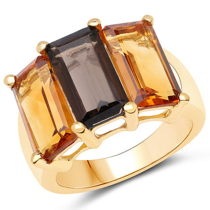 14K Yellow Gold Plated 8.14 Carat Genuine Smoky Quartz, Citrine and Champagne Quartz .925 Sterling Silver Ring by Bids.com