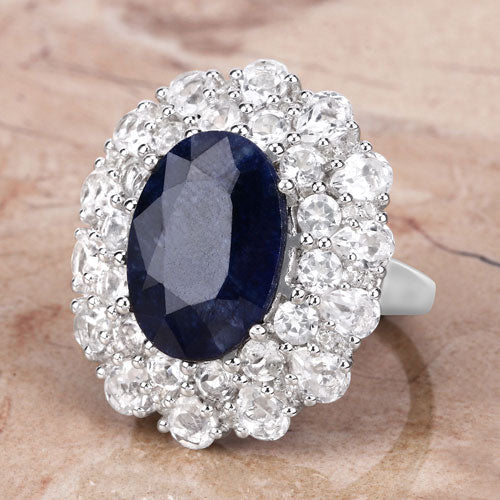 10.64 Carat Dyed Sapphire and White Topaz .925 Sterling Silver Ring  DestGlow