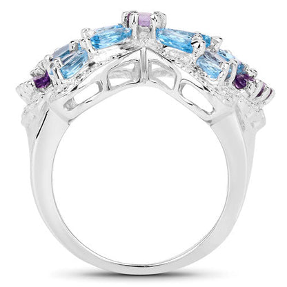 3.56 Carat Genuine Swiss Blue Topaz and Amethyst .925 Sterling Silver Ring  DestGlow
