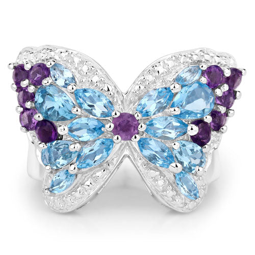 3.56 Carat Genuine Swiss Blue Topaz and Amethyst .925 Sterling Silver Ring  DestGlow