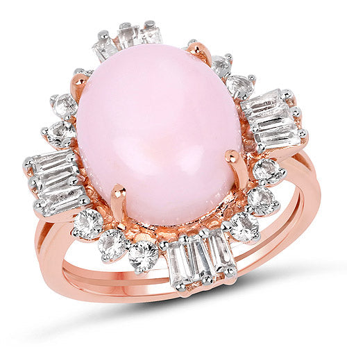 14K Rose Gold Plated 6.42 Carat Genuine Pink Opal and White Topaz .925 Sterling Silver Ring  DestGlow