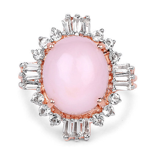 14K Rose Gold Plated 6.42 Carat Genuine Pink Opal and White Topaz .925 Sterling Silver Ring  DestGlow