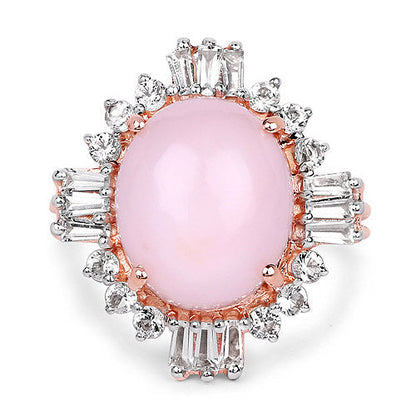 14K Rose Gold Plated 6.42 Carat Genuine Pink Opal and White Topaz .925 Sterling Silver Ring  DestGlow