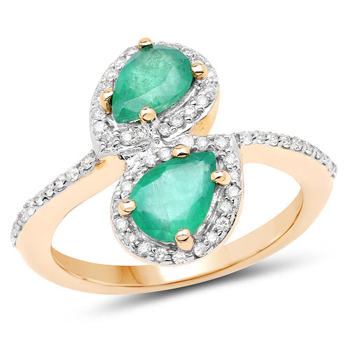 2.06 Carat Genuine Zambian Emerald &amp; White Zircon 14K Yellow Gold Ring  DestGlow