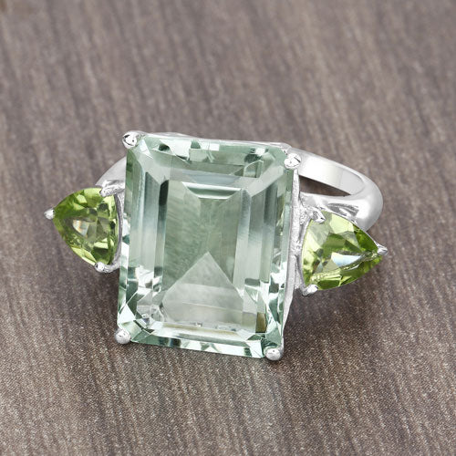 11.90 Carat Genuine Green Amethyst and Peridot .925 Sterling Silver Ring  DestGlow