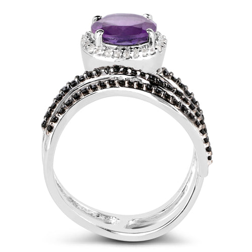 2.31 Carat Genuine Amethyst, Black Spinel and White Diamond .925 Sterling Silver Ring by Bids.com