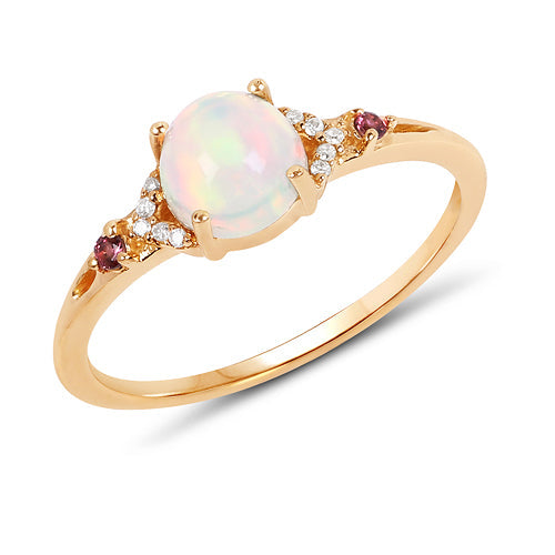 0.57 Carat Genuine Opal Ethiopian, Pink Tourmaline &amp; White Diamond 14K Yellow Gold Ring by Bids.com