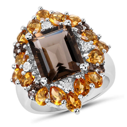 6.72 Carat Genuine Smoky Quartz, Citrine and White Diamond .925 Sterling Silver Ring by Bids.com
