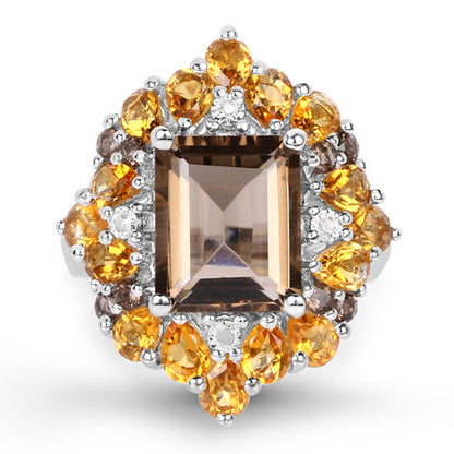 6.72 Carat Genuine Smoky Quartz, Citrine and White Diamond .925 Sterling Silver Ring by Bids.com