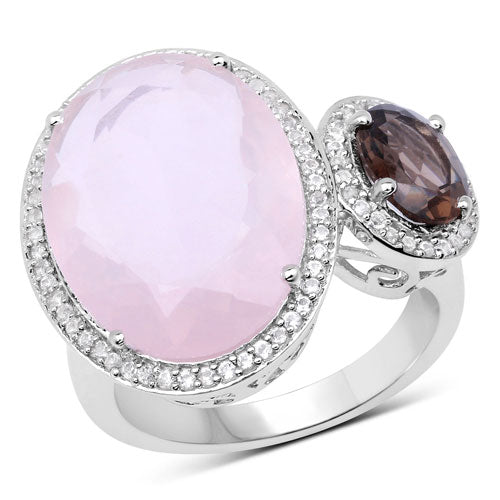 8.25 Carat Genuine Rose Quartz, Smoky Quartz And White Topaz .925 Sterling Silver Ring  DestGlow