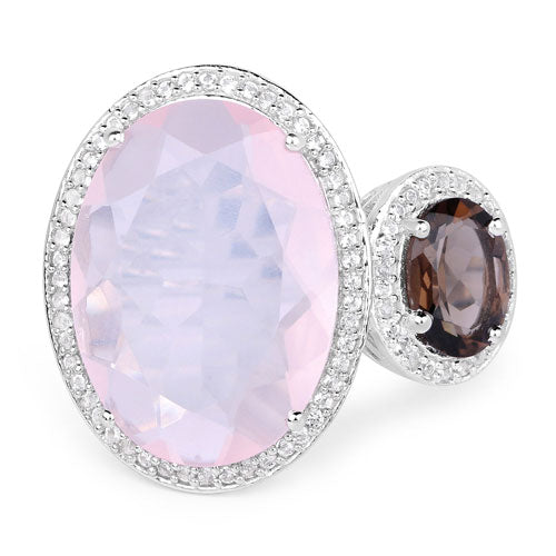 8.25 Carat Genuine Rose Quartz, Smoky Quartz And White Topaz .925 Sterling Silver Ring  DestGlow