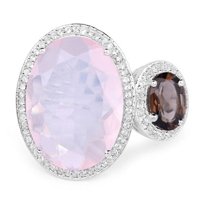 8.25 Carat Genuine Rose Quartz, Smoky Quartz And White Topaz .925 Sterling Silver Ring  DestGlow