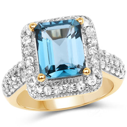 14K Yellow Gold Plated 5.03 Carat Genuine London Blue Topaz and White Topaz .925 Sterling Silver Ring by Bids.com