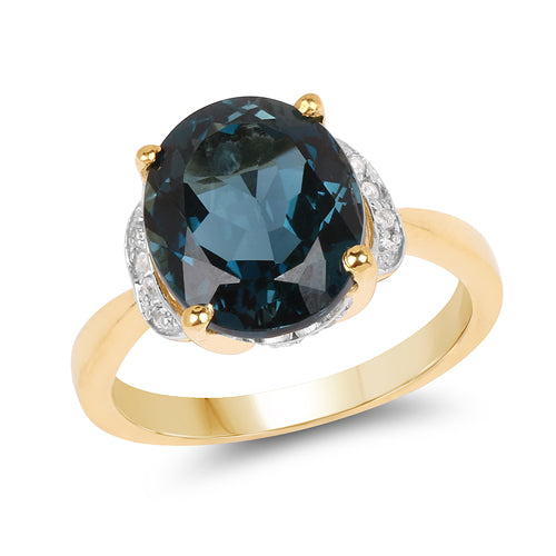 14K Yellow Gold Plated 6.09 Carat Genuine London Blue Topaz &amp; White Diamond .925 Sterling Silver Ring by Bids.com