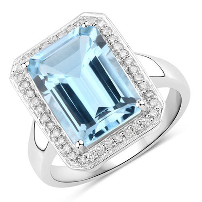 5.81 Carat Genuine Blue Topaz and White Diamond .925 Sterling Silver Ring  DestGlow