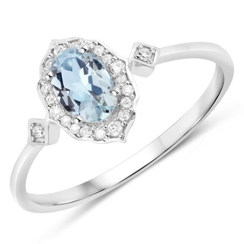 0.48 Carat Genuine Aquamarine and White Diamond 14K White Gold Ring  DestGlow
