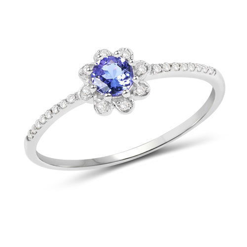0.30 Carat Genuine Tanzanite and White Diamond 14K White Gold Ring  DestGlow
