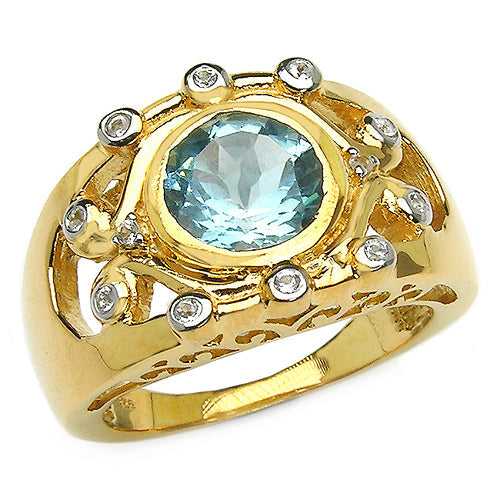 14K Yellow Gold Plated 3.42 Carat Genuine Blue Topaz &amp; White Topaz .925 Sterling Silver Ring by Bids.com