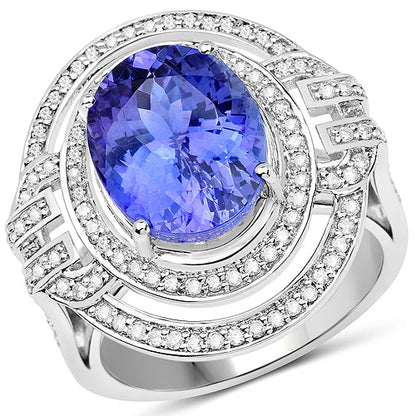 14K White Gold 6.83 Carat Genuine Tanzanite and White Diamond Ring by Bids.com