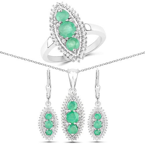 3.52 Carat Genuine Zambian Emerald and White Topaz .925 Sterling Silver 3 Piece Jewelry Set (Ring, Earrings, and Pendant w/ Chain) by Bids.com