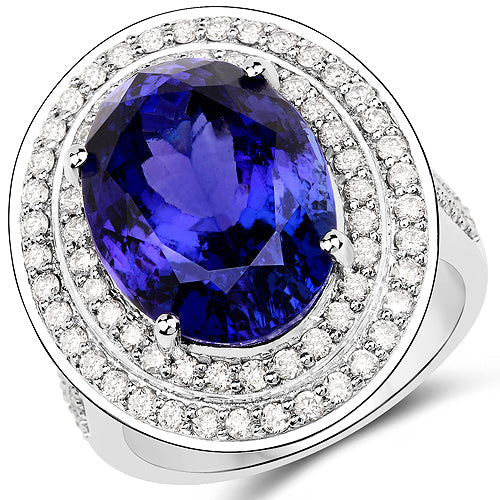 13.78 Carat Genuine Tanzanite and White Diamond 18K White Gold Ring by Bids.com