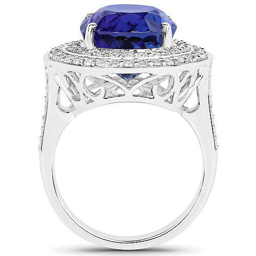13.78 Carat Genuine Tanzanite and White Diamond 18K White Gold Ring by Bids.com