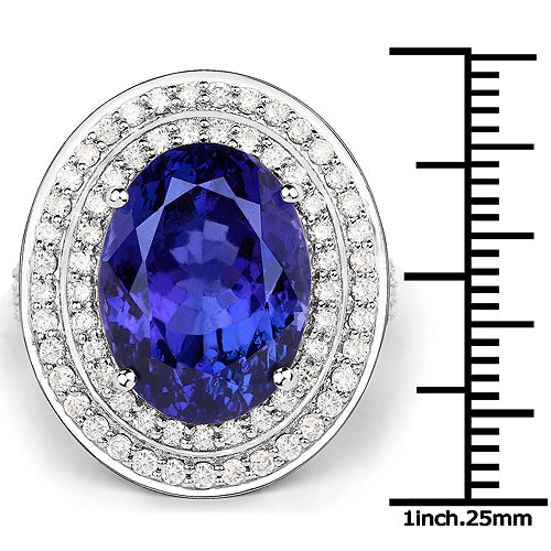 13.78 Carat Genuine Tanzanite and White Diamond 18K White Gold Ring by Bids.com