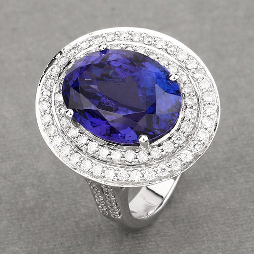 13.78 Carat Genuine Tanzanite and White Diamond 18K White Gold Ring by Bids.com