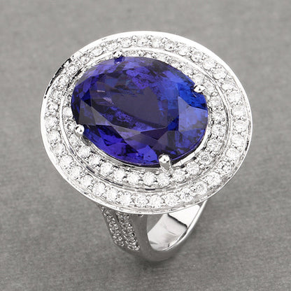 13.78 Carat Genuine Tanzanite and White Diamond 18K White Gold Ring by Bids.com