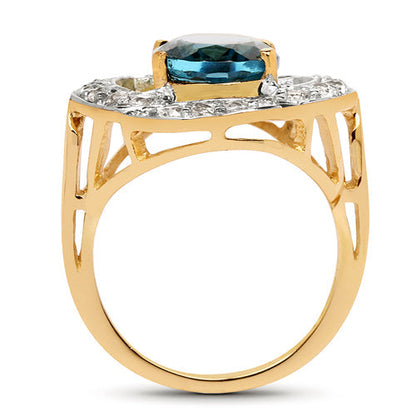 14K Yellow Gold Plated 5.13 Carat Genuine London Blue Topaz &amp; White Topaz .925 Sterling Silver Ring  DestGlow
