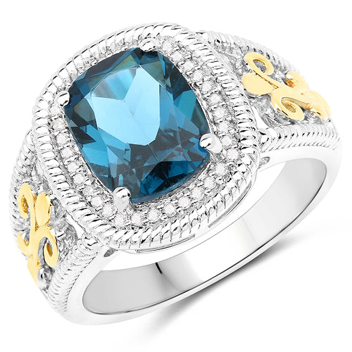 3.59 Carat Genuine London Blue Topaz and White Diamond 14K Yellow Gold with .925 Sterling Silver Ring by Bids.com