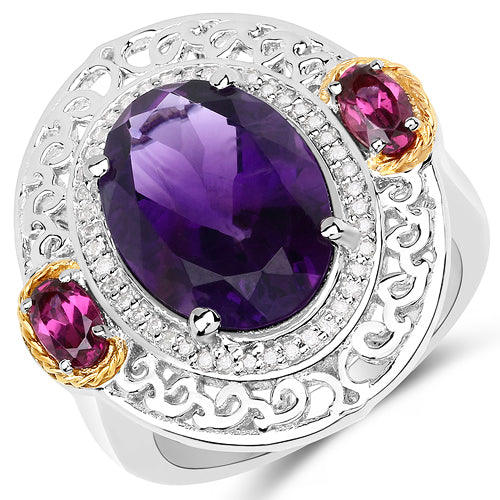 5.58 Carat Genuine Amethyst, Rhodolite and White Diamond 14K Yellow Gold with .925 Sterling Silver Ring by Bids.com