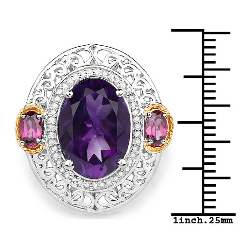 5.58 Carat Genuine Amethyst, Rhodolite and White Diamond 14K Yellow Gold with .925 Sterling Silver Ring by Bids.com