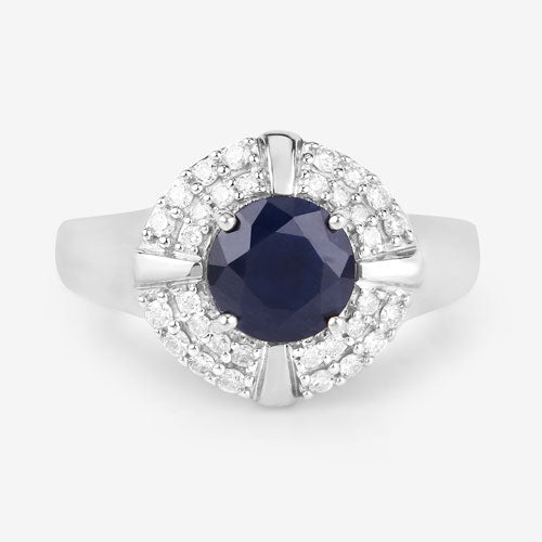 1.71 Carat Genuine Blue Sapphire and White Diamond 10K White Gold Ring  DestGlow