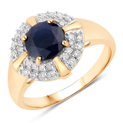 1.71 Carat Genuine Blue Sapphire and White Diamond 10K Yellow Gold Ring  DestGlow