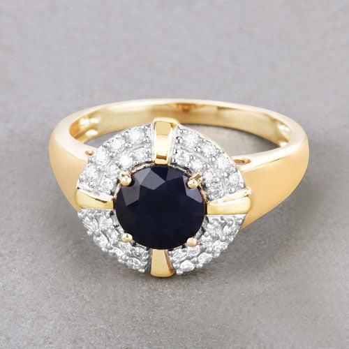1.71 Carat Genuine Blue Sapphire and White Diamond 10K Yellow Gold Ring  DestGlow