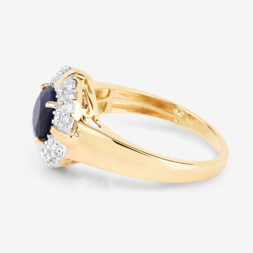 1.71 Carat Genuine Blue Sapphire and White Diamond 10K Yellow Gold Ring  DestGlow