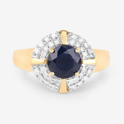 1.71 Carat Genuine Blue Sapphire and White Diamond 10K Yellow Gold Ring  DestGlow