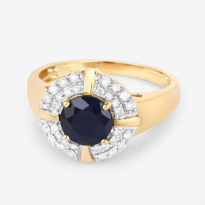 1.71 Carat Genuine Blue Sapphire and White Diamond 10K Yellow Gold Ring  DestGlow