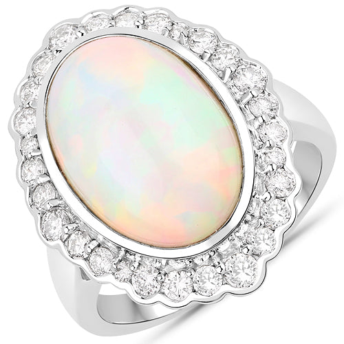 6.38 Carat Genuine Ethiopian Opal and White Diamond 14K White Gold Ring by Bids.com