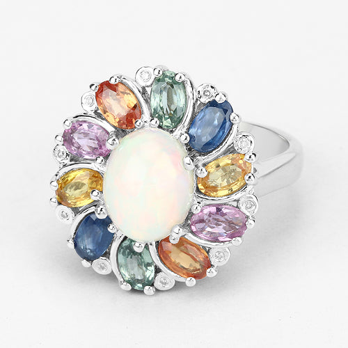 3.92 Carat Genuine Ethiopian Opal, Multi Sapphire and White Diamond .925 Sterling Silver Ring by Bids.com