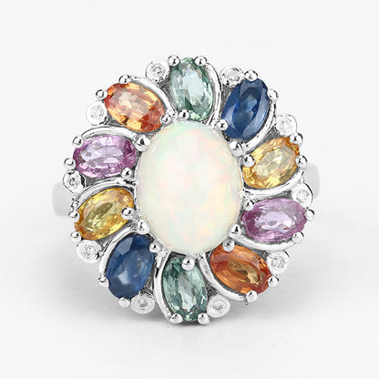 3.92 Carat Genuine Ethiopian Opal, Multi Sapphire and White Diamond .925 Sterling Silver Ring by Bids.com