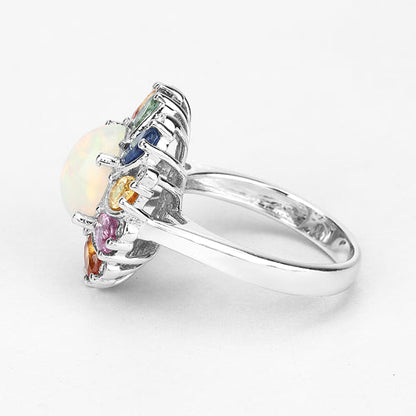 3.92 Carat Genuine Ethiopian Opal, Multi Sapphire and White Diamond .925 Sterling Silver Ring by Bids.com