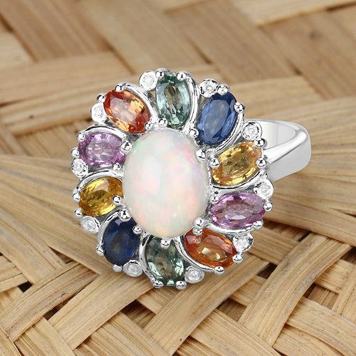 3.92 Carat Genuine Ethiopian Opal, Multi Sapphire and White Diamond .925 Sterling Silver Ring by Bids.com